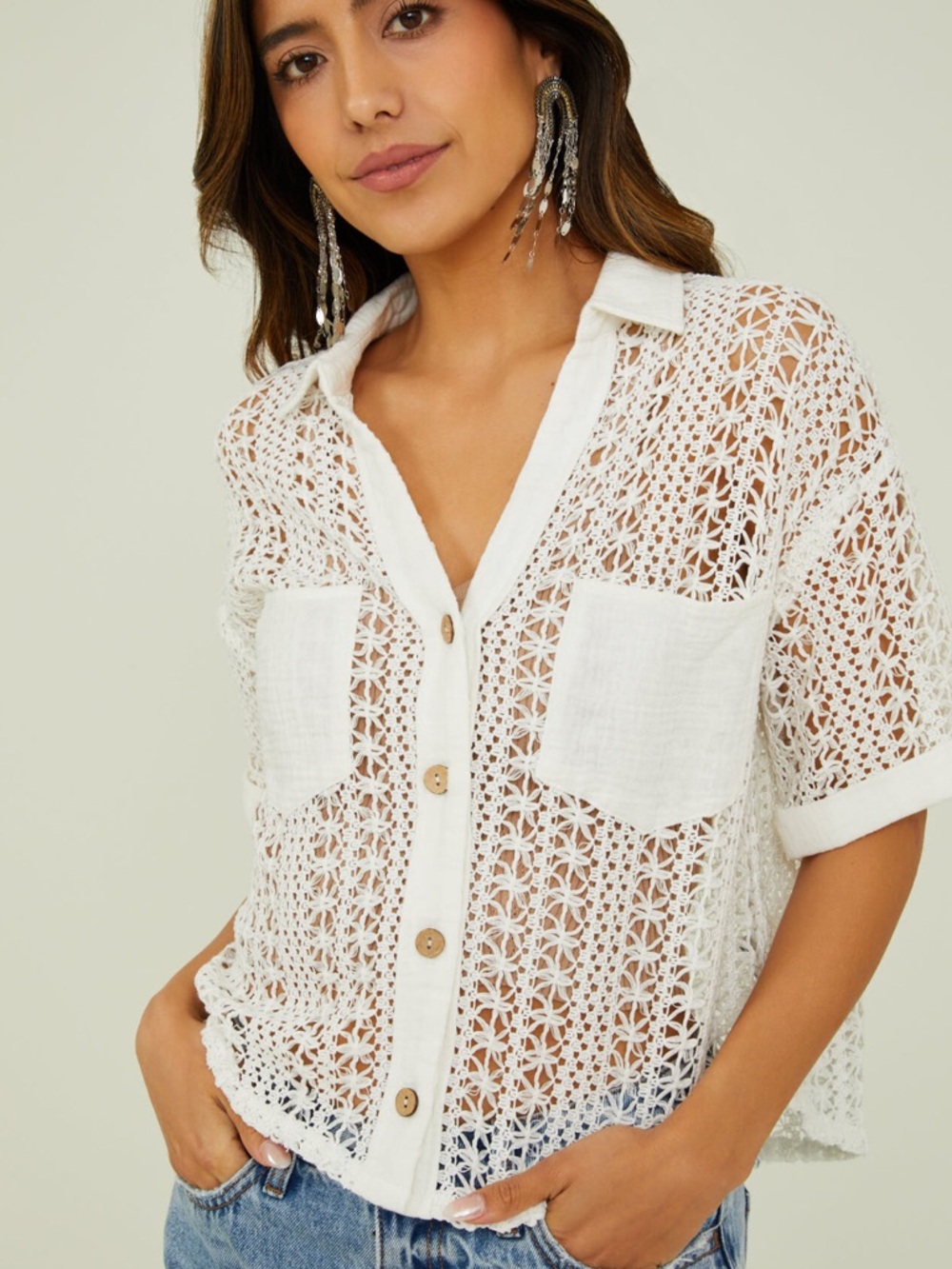 Altar'd State White Crocheted Button Boho Up Top S